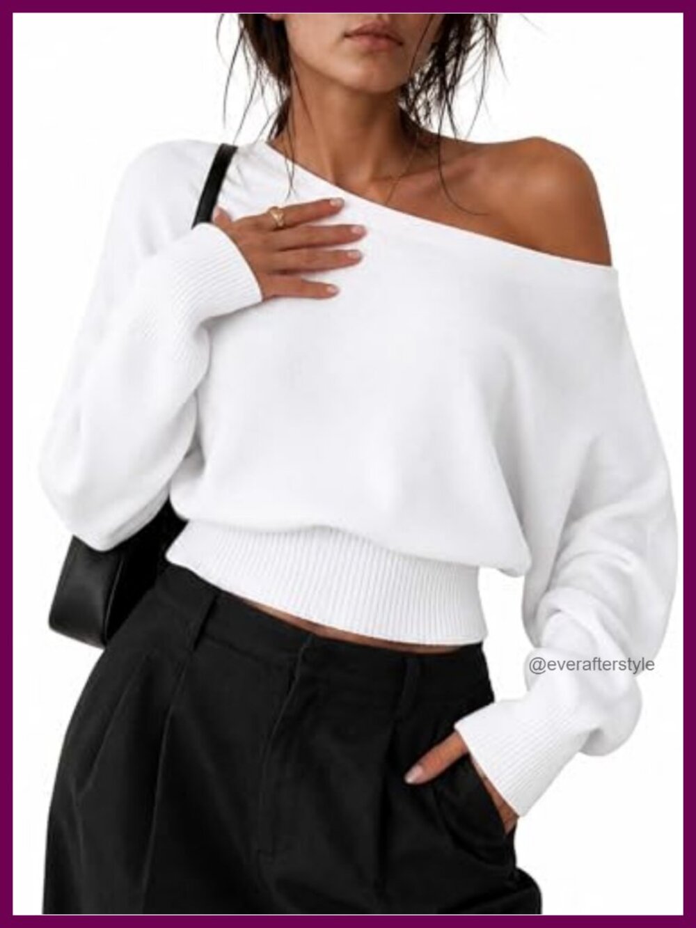 Women's Off Shoulder Cropped Knit Pullover Sweater, Blouson Fit Sweater